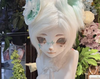 Custom Kemono Cat Fursuit Head & Paws Mint Soda Green White ECG Makeup Handmade Anime Mask Cosplay Outfit Forest Fairy Furry Art Costume