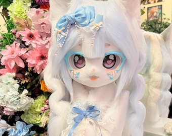 Aoi pastelowa głowa lisa w futrzanym kostiumie – niebiesko-biała maska Kemono cosplay, kostium futrzany Yume kawaii anime, ręcznie robiona głowa futrzanego kostiumu do odgrywania ról