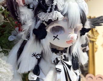 Cabeza de fursuit Kemono en blanco y negro, máscara gótica Kawaii peluda con trenzas y alas, casco de resina para cosplay de anime, regalo