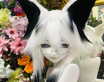 Black & white fox fursuit head Silven – kemono style with glasses, resin anime cosplay mask, furry costume, roleplay gift