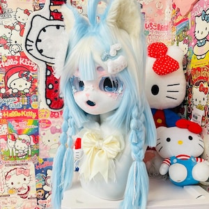 Custom kemono fursuit head, Snowbelle ice blue fox mask with braids & bow, resin cosplay helmet, kawaii furry animal mask gift