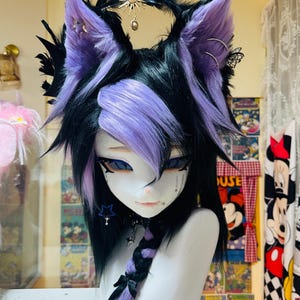 Gothic Purple Black Kemono Fursuit Head – Visual Kei Fox Mask with Star & Moon Details, Anime Cosplay Animal Helmet, Handmade Furry Gift