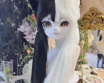 Custom Kemono Fursuit Head, Split Black White Anime Mask, Resin Furry Cosplay Helmet, Gothic Kemono Mask Gift