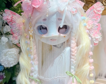 Pink Butterfly Fairy Kemono Fursuit Head, Yume Kawaii Anime Furry Head, Pastel Fox Cosplay Mask, Handmade Resin Base, Custom Made