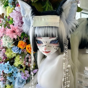 Furry Fursuit Head: White Kemono Mask with Lavender Eyes