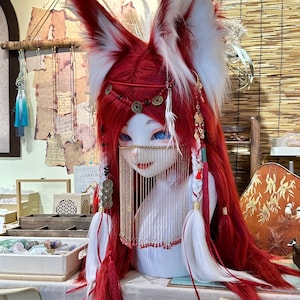 Custom kemono fursuit head, Akahime red fox mask with braids & veil, resin cosplay helmet, oriental fantasy furry mask, gift for cosplay fan