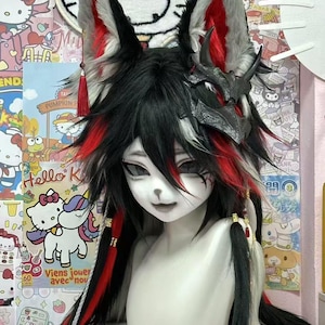 Red & Black Fursuit Head: Demonic Fox Cosplay Mask with Horns