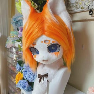 Custom Commission - Kemono Cat Fursuit Head | Luxury Art Doll Aesthetic | High-End Resin Base Furry Mask | Blue Button Eyes | Handmade Art