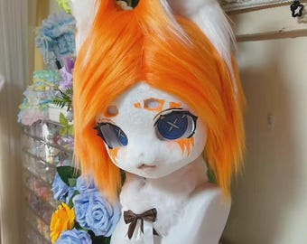 Custom Commission - Kemono Cat Fursuit Head | Luxury Art Doll Aesthetic | High-End Resin Base Furry Mask | Blue Button Eyes | Handmade Art