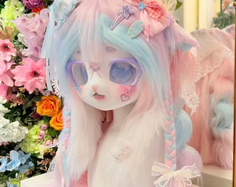 Yume-Kawaii Kemono Kigurumi Fursuit Head, Pastel Candy Fox Bunny Anime Cosplay Mask, Kawaii Furry Costume Head, Gift for Furry
