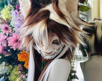 Tribal Wolf Fursuit Head, Brown White Fox Mask, Resin Furry Cosplay Helmet, Kigurumi Anime Fursuit Costume Head, Gift for Furry