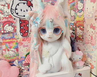 Yume Kawaii Kemono Fursuit Head, Pastel Pink Blue Fox Mask, Anime Resin Cosplay Helmet, Cute Furry Costume Gift