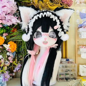 Custom kemono fursuit head, Mochineko black pink cat mask with lace maid headband, resin cosplay helmet, kawaii furry mask gift