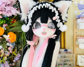 Custom Kemono Cat Fursuit Head, Resin Cosplay Mask, Lace Maid Headband