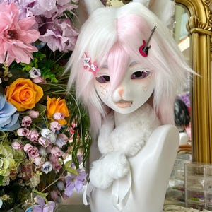Custom kemono fursuit head, Melodyne pastel fox mask with guitar hair clip, resin cosplay helmet, kawaii anime furry mask, gift for cosplay