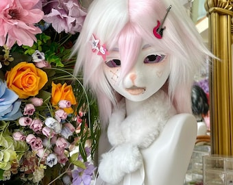 Custom kemono fursuit head, Melodyne pastel fox mask with guitar hair clip, resin cosplay helmet, kawaii anime furry mask, gift for cosplay