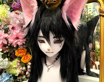Black Pink Kemono Fursuit Head Emo Fox Wolf KIG Anime Cosplay Mask Gothic Furry Costume Head, Costume Gift for Furry Lover