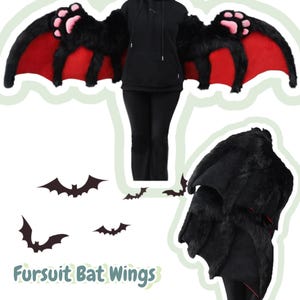 Könnte beinhalten: Schwarze Fledermausflügel aus Kunstfell mit rotem Stofffutter und rosa Pfotenpolstern. Die Flügel sind zum Tragen konzipiert und haben eine pelzige Textur. Das Bild enthält den Text "Fursuit Bat Wings" und mehrere Fledermaus-Silhouetten.