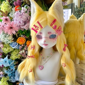 Custom kemono kig fursuit head, Lemonbelle yellow fox mask with braids & kawaii hair clips, resin cosplay helmet, pastel furry mask gift