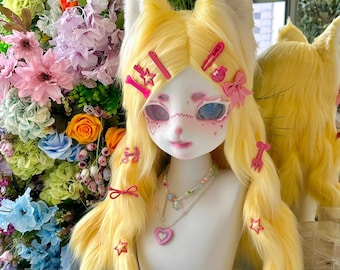 Pastel Yellow Kemono Fursuit Head, Candy Fox Cat Mask with Braids & Clips, Anime Resin Cosplay Helmet, Cute Furry Costume Gift