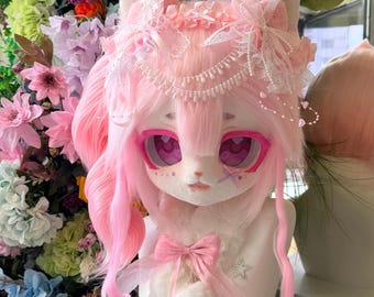 Mitsune Pink Lolita Fox Kemono Fursuit Head – Yume Kawaii Pastel Furry Mask, Sweet Cosplay Fox Helmet, Handmade Fantasy Costume Gift