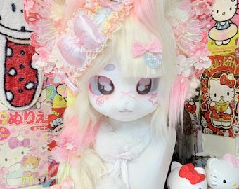 Pastel Fairy Kemono Fursuit Head, Pink Cream Fox Bunny Mask with Butterfly Ears & Lace Bow, Anime Resin Cosplay Helmet, Furry Gift