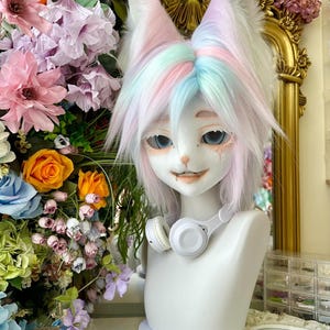 Pastel Wolf Fox Fursuit Head: Kemono Cosplay Mask with Headphone Crown