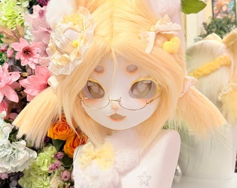 ustom Kemono Fursuit Head, Pastel Yellow Fox Mask, Resin Furry Cosplay Helmet, Anime Kigurumi Fursuit Costume Head, Gift for Furry
