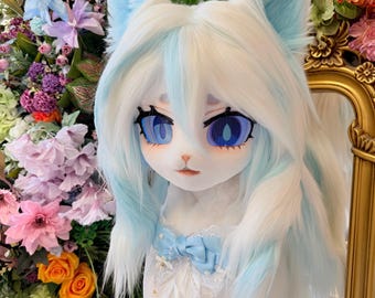 Kemono Kigurumi Fursuit Head – Ice Blue Ocean Fox Anime Cosplay Mask