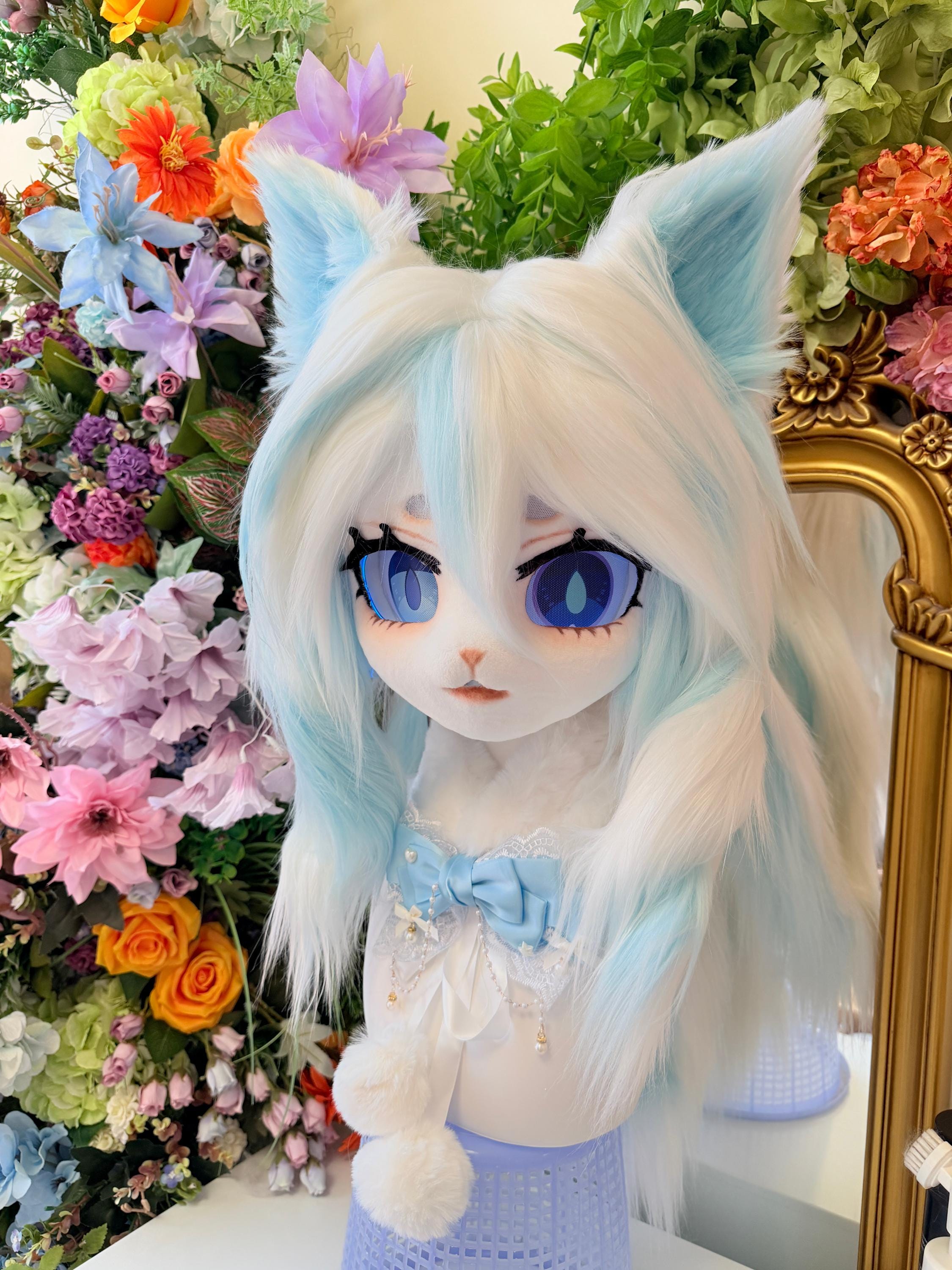 Kemono Kigurumi Fursuit Head – Ice Blue Ocean Fox Anime Cosplay