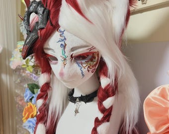 Custom Kemono Fursuit Head, Crimson Oni Fox Mask, Resin Anime Cosplay Helmet, Yokai Fantasy Furry Mask, Gift for Furry Cosplay Fan