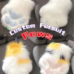 May include: Four custom fursuit paws in the image. Two are white with light blue paw pads, and two are white with yellow and orange accents and pink paw pads. The text "Custom Fursuit Paws" is overlaid on the image.