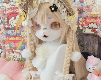 Kemono Cat Fursuit Head Sweet Lolita Blonde Cream White Furry Mask Kawaii Anime Cosplay Costume Handmade Luxury Art Doll Braids Lace