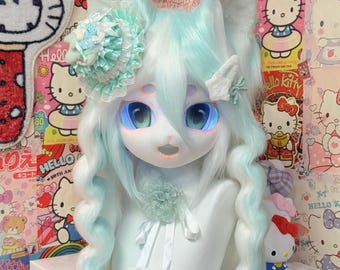 Handmade custom kemono fursuit head, mint fox cosplay mask with braided hair & ruffle bow, resin fur helmet, cute furry gift