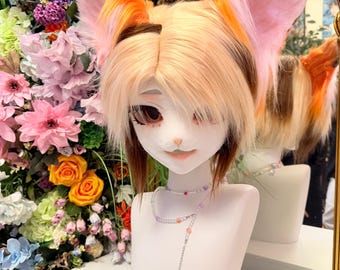 Custom kemono fursuit head, Soranelle orange fox mask with coffee hair & gradient fur, resin cosplay helmet, handmade furry gift