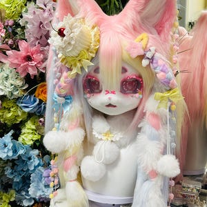 Custom Kemono Fursuit Head, Pastel Fox Mask with Rainbow Braids & Cake