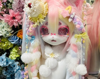 Custom Kemono Fursuit Head, Pastel Fox Mask with Rainbow Braids & Cake