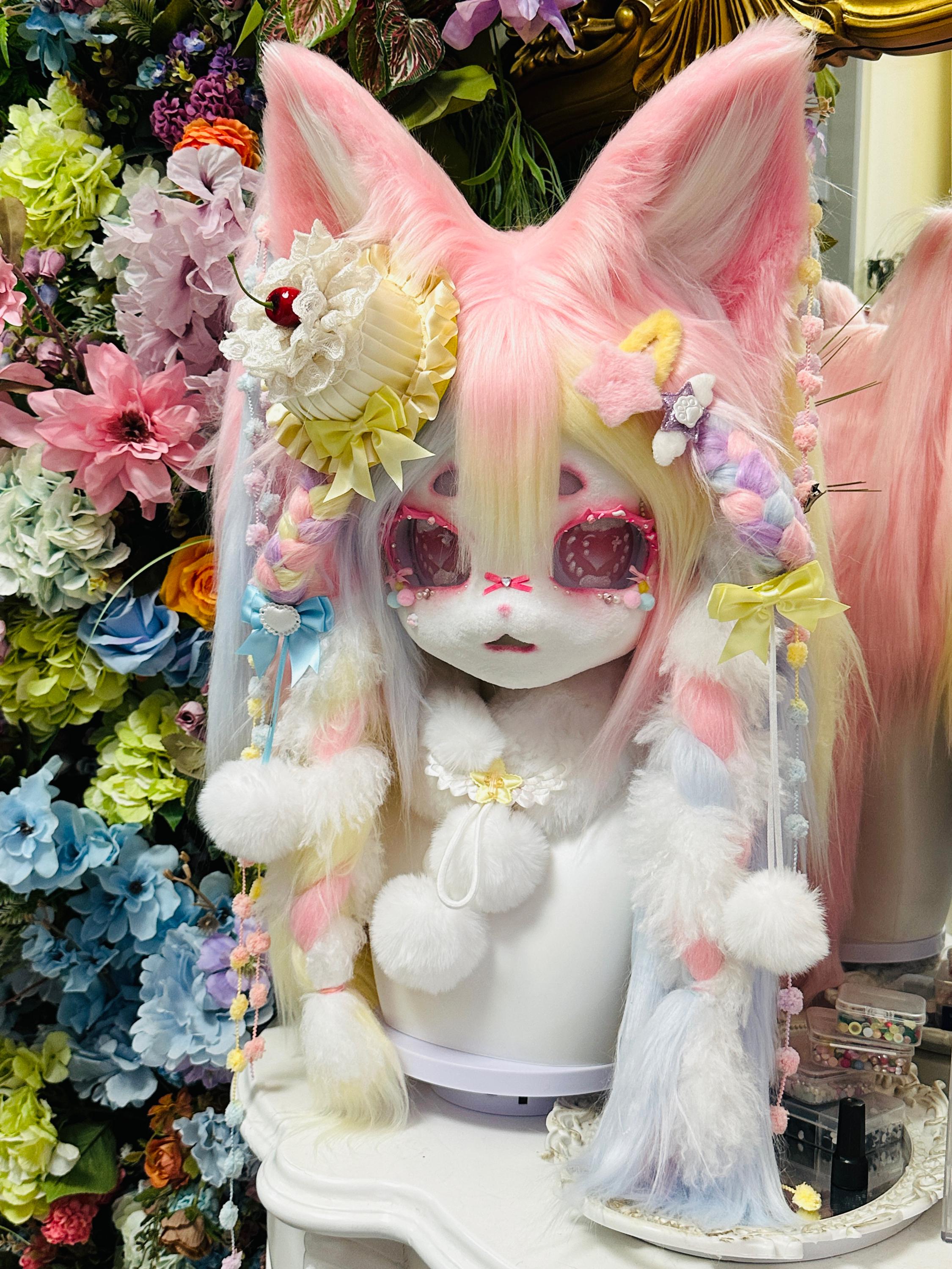 Custom Kemono Fursuit Head, Pastel Fox Mask With Rainbow Braids