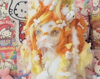 Yume Kawaii Kemono Fursuit Head, Orange Lemon Fox Mask with Braids & Charms, Anime Resin Cosplay Helmet, Cute Furry Costume Gift
