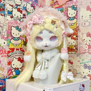 Kawaii Lolita Kemono Fursuit Head -KIG – Sweet Pastel Cat Costume Mask with Blonde Wig & Bows – Cosplay Collectible Gift