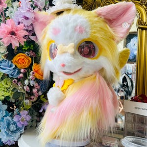 Pastel Fox-Cat Fursuit Head: Resin Cosplay Mask with Bows & Mini Hat