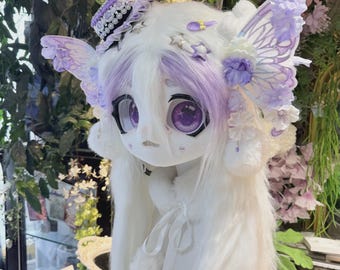 Yume Kawaii Kemono Fursuit Head, White Purple Fox Cat Mask with Butterfly Ears & Mini Hat, Anime Resin Cosplay Helmet, Cute Furry Gift