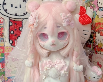 Custom Kemono Fursuit Head, Rosabelle Bridal Bear Mask, Resin Cosplay Helmet