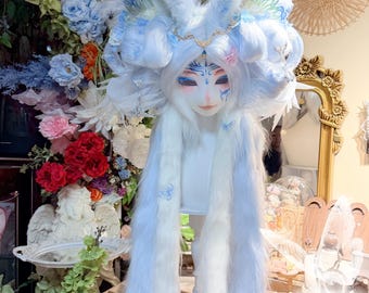 Custom Kemono Fursuit Head, Ice Blue Fox Spirit Mask with Extra Long Hair, Butterfly Fairy Anime Resin Cosplay Helmet,  Furry Gift