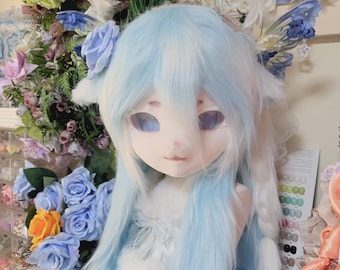 Custom Kemono Fursuit Head, Pastel Blue Fox Cat Mask with Feather Antlers, Resin Cosplay Helmet, Yume Kawaii Fantasy Furry Mask