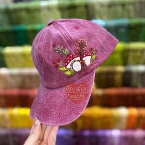Hand Embroidery Mushroom and Flower Hat Garden Vibe Embroidered Hat Personalized Baseball Cap Floral Embroidered Demin Hat Gift For Woman