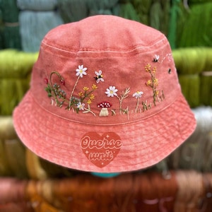 5 Style Mushroom and Wildflower Hand Embroidered Bucket Hat Custom Floral Embroidered Bucket Handmade Travel Sun Hat Wash Cotton Hat