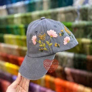 Hand Embroidery Wildflower Hat Botanical Garden Embroidered Hat Personalized Baseball Cap Floral Embroidered Demin Hat Gift For Woman
