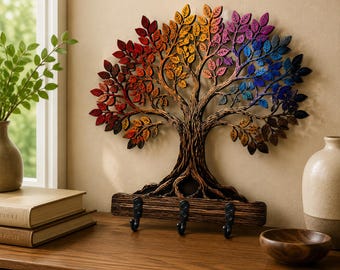Tree of Life Key Holder, Wooden Wall Hook Rack for Entryway Decor, Colorful Tree Wood Hanger, Wooden Key Holder