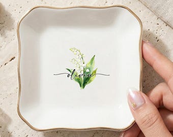 Gepersonaliseerde sieradenbak met geboortebloem, ringbakje met naam, cadeau voor bruidsmeisjes of verjaardag